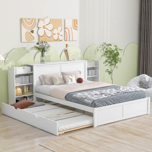 Full Queen Size Bed Frames Daybed with Turndle & Pull Out Shelves Solid Wood Bed