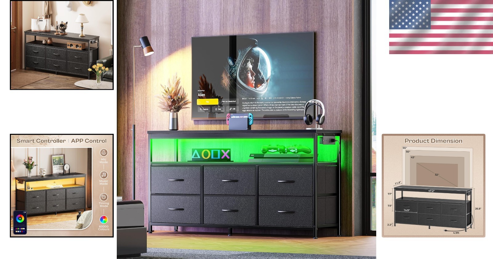 LED TV Stand Dresser with Storage LED Lights Power Outlets for Bedroom Living…