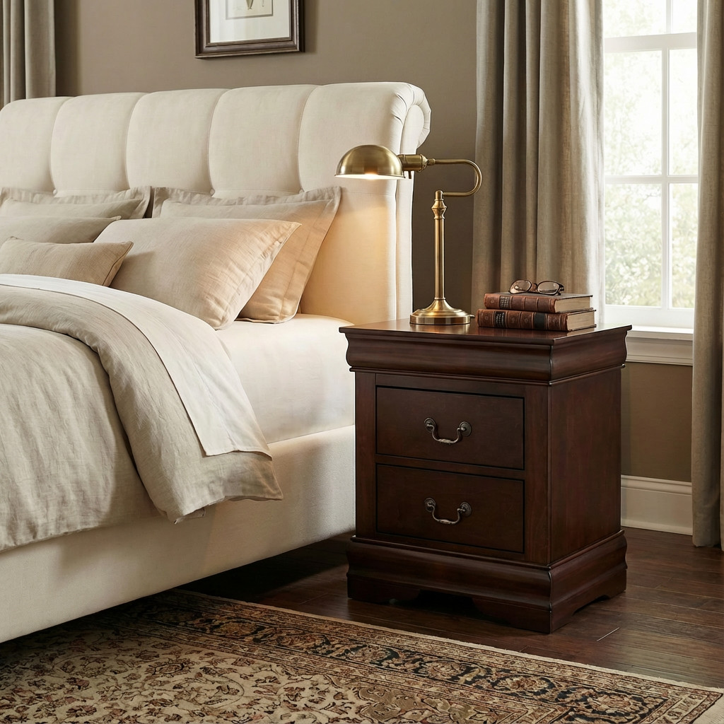 Traditional Solid Wood Nightstand with 2 Drawers in Black / Dark Cherry / White