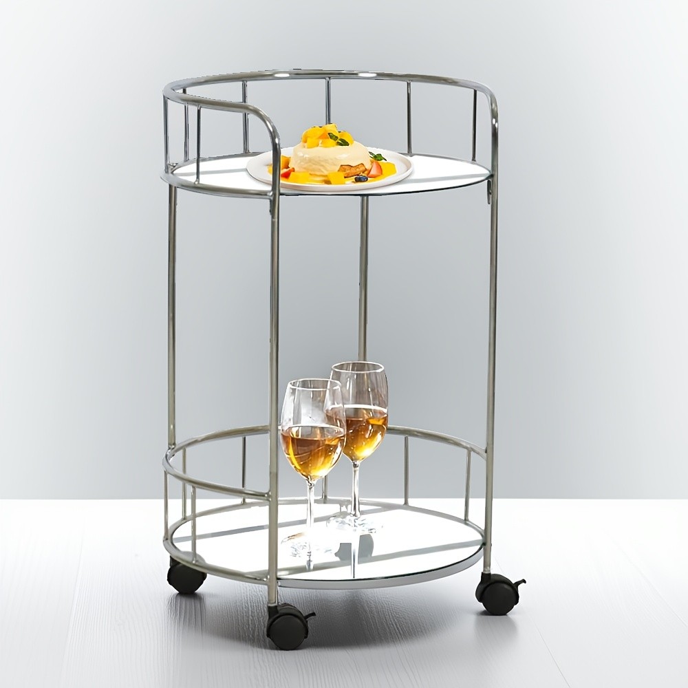 Rolling Bar Cart with Wheels 2-Tier Trolley Round Wine Rack & Lockable Casters
