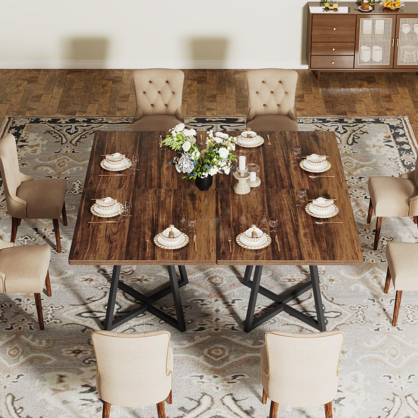 Square Dining Table for 4, 31.5” Farmhouse Wooden Kitchen Table with Metal Base