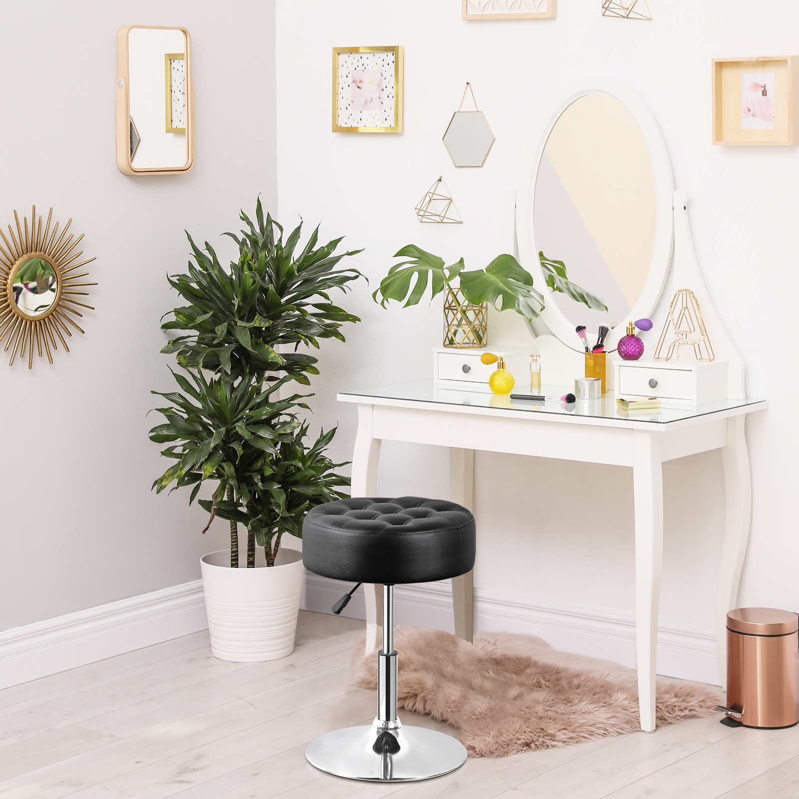 Adjustable Round Ottoman Stool Vanity Stool PU Leather Swivel Makeup Stool Black