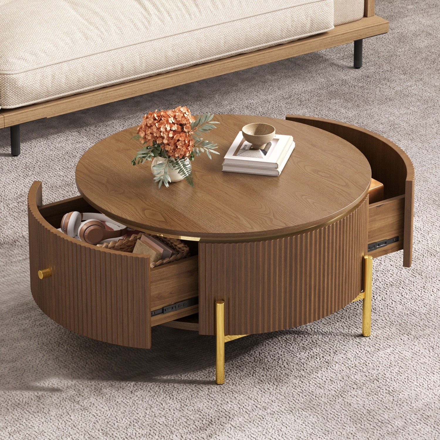 Round Coffee Table w/ 2 Drawers Brown Wood Top & Metal Legs Storage Accent Table
