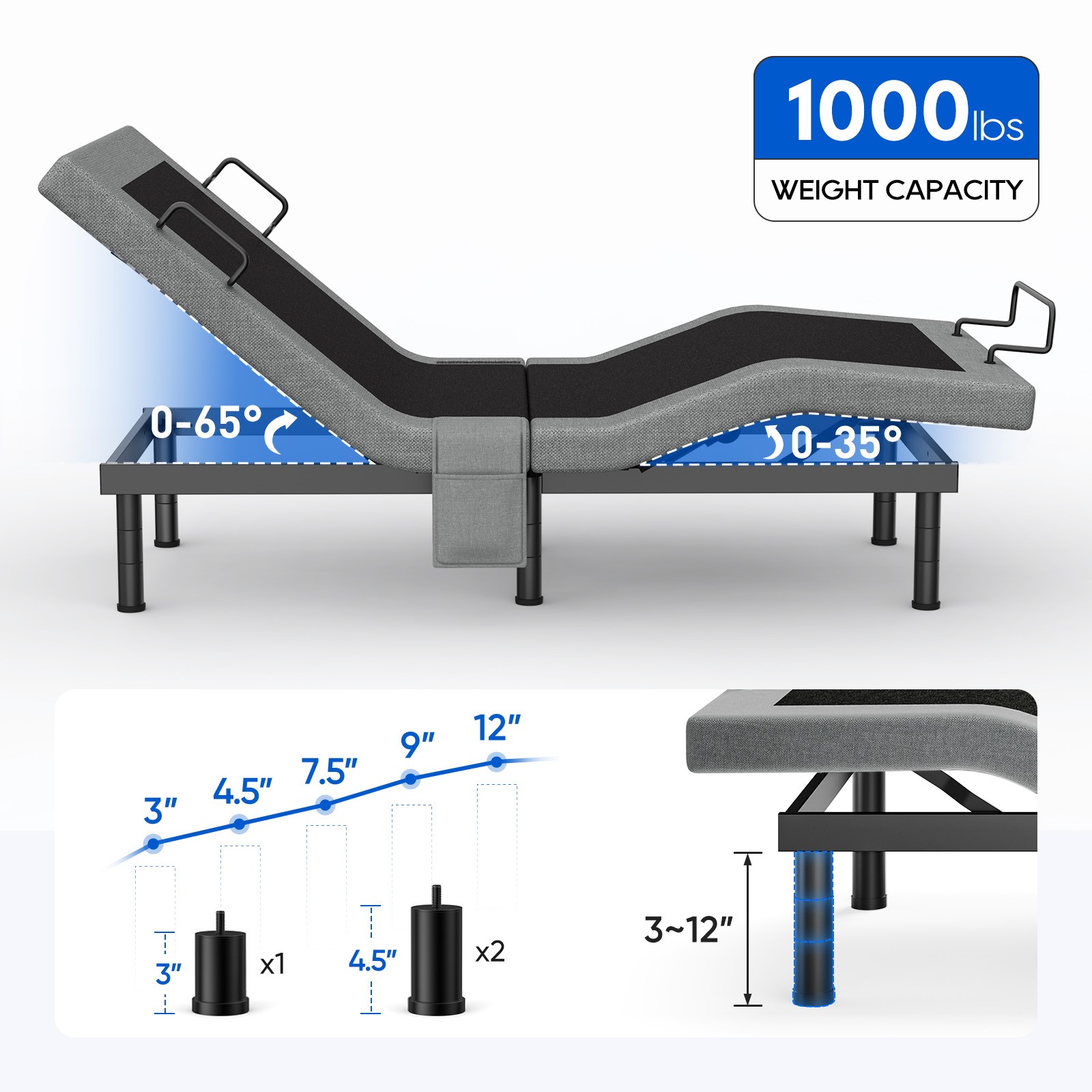 Split King Power Adjustable Bed Frame Upgrade Metal Bed Base Remote Dual Motor