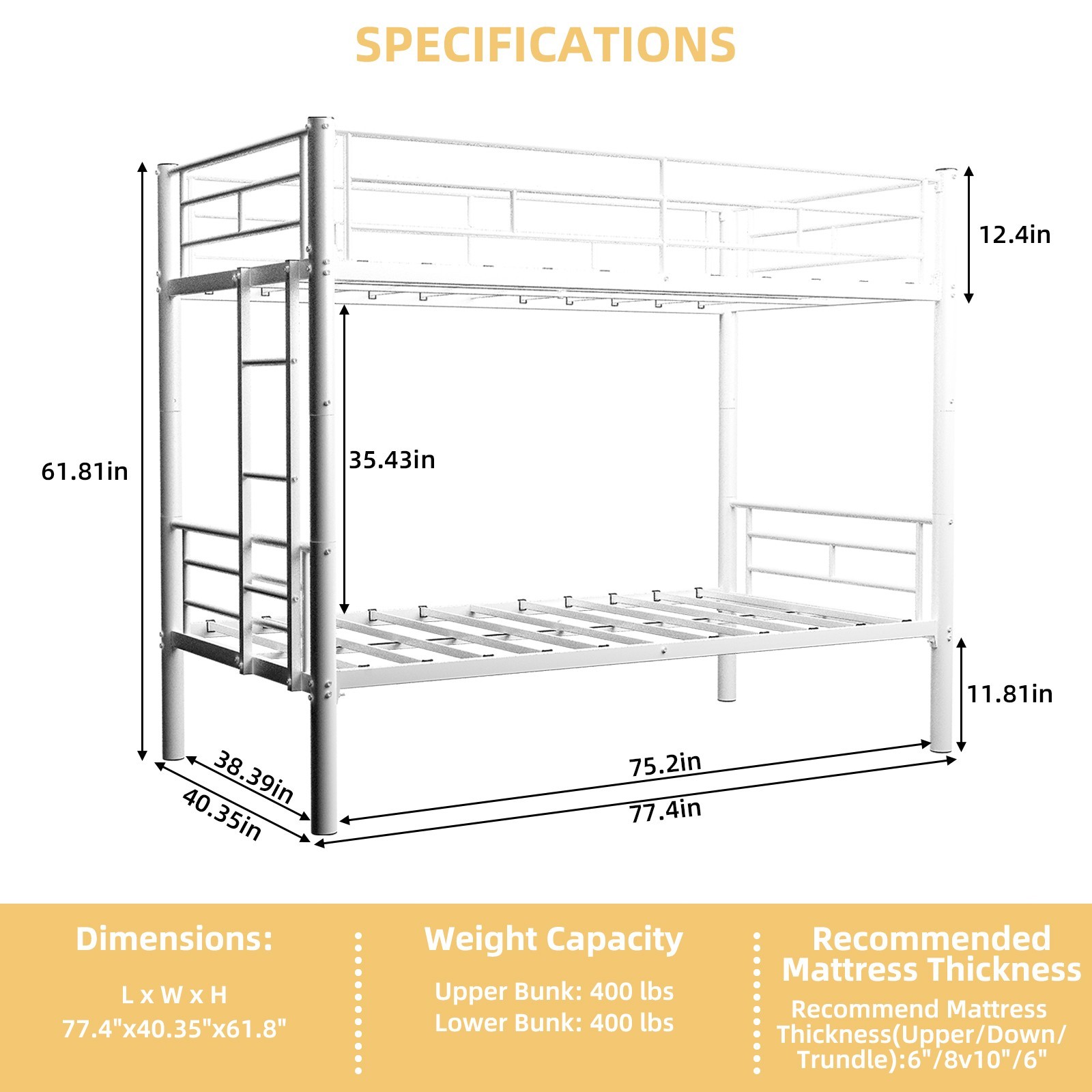 Twin Over Twin Metal Bunk Bed with Metal Structure Bedframe & Ladders for Kids