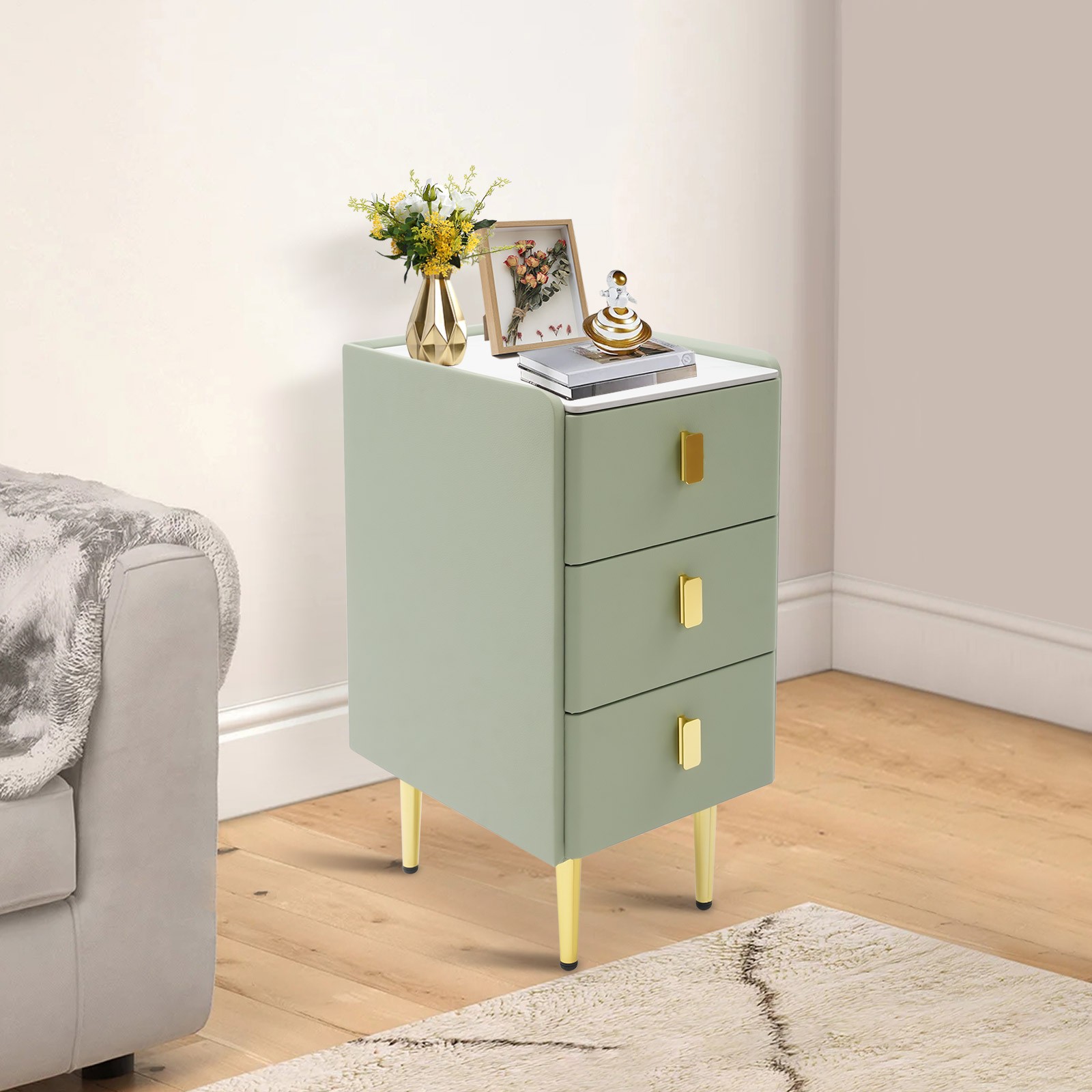 Bedside Table – Narrow 3-Drawer Nightstand, Rock Slab & Leather, Green/Gold