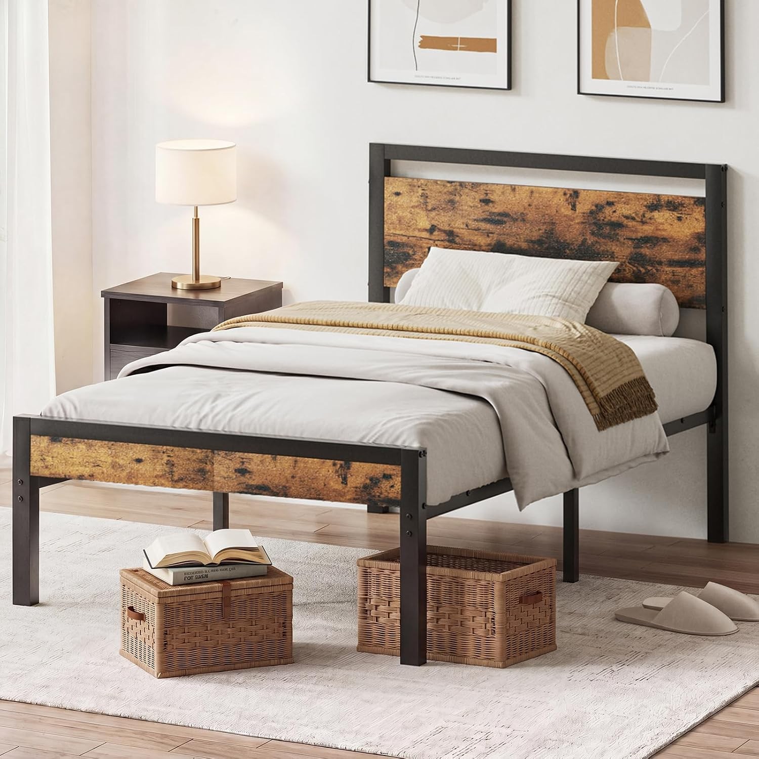 OLIXIS Heavy Duty Metal Bed Frame w/ Wood Headboard&Footboard,No Box Spring Need