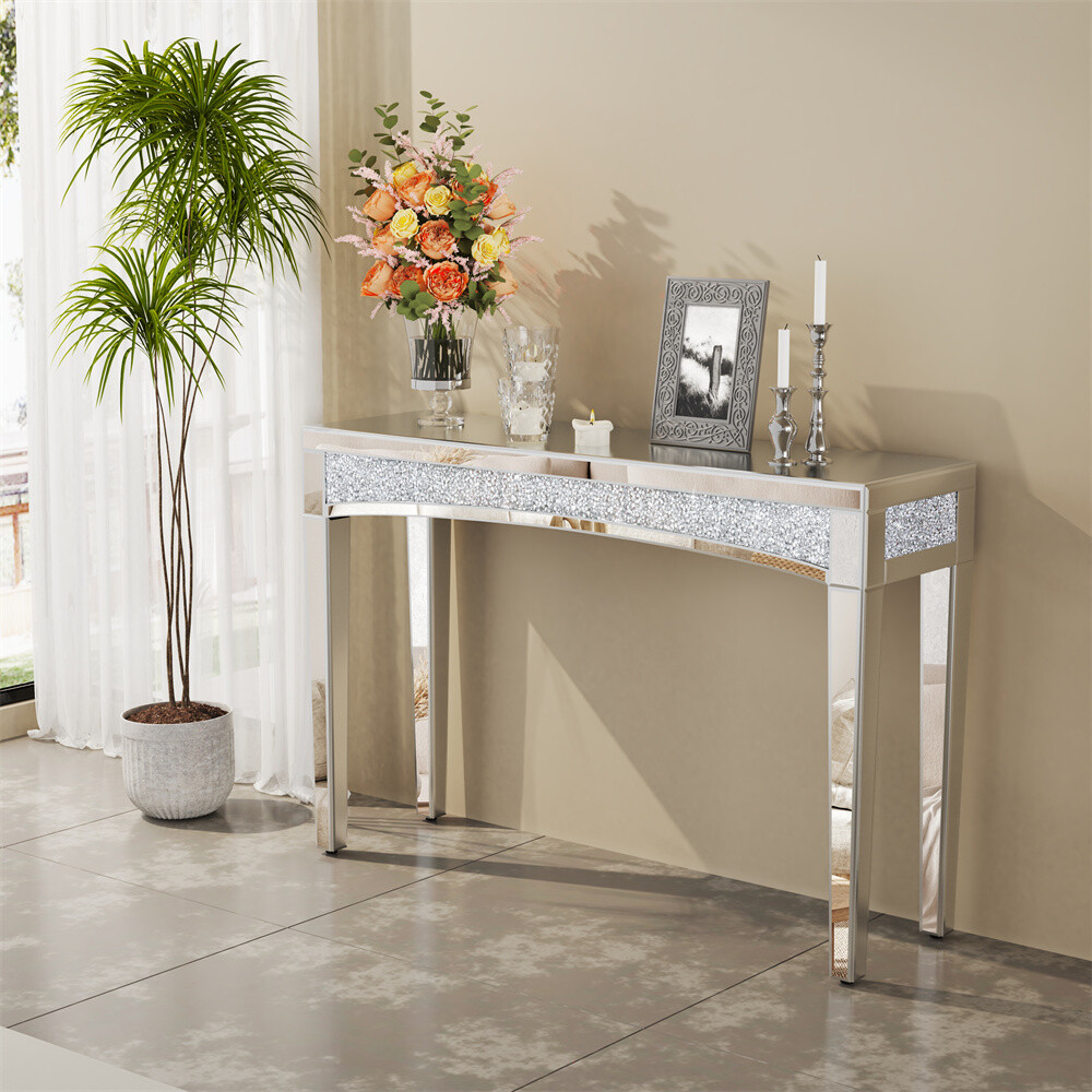 Silver Mirrored Console Table Modern Glass Entryway Table Geometric Side Table