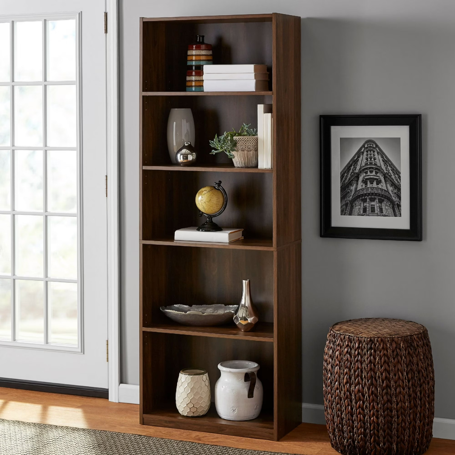 Mainstays 5 Shelf Storage Bookcase Adjustable Shelving Canyon Walnut