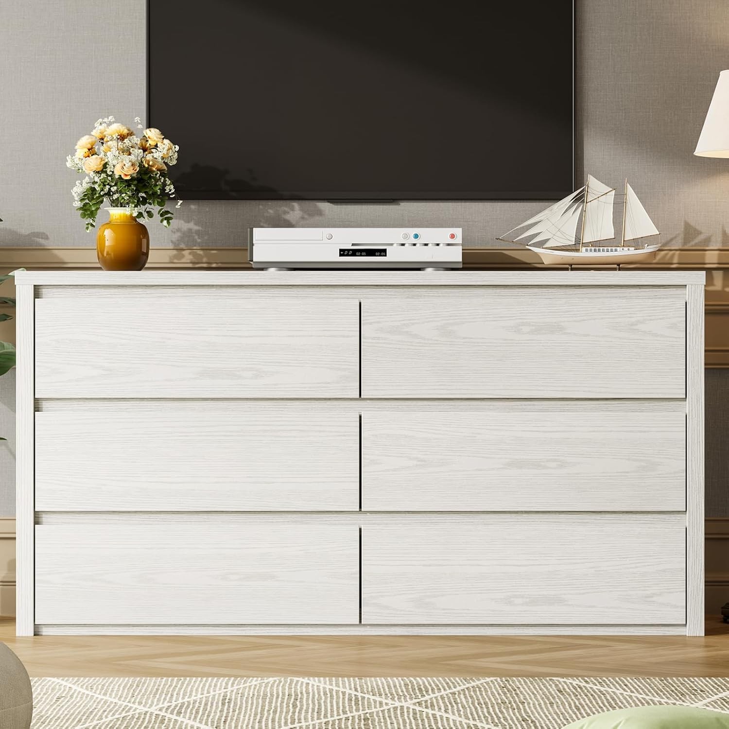 Wooden 6 Drawer Freestanding Dresser,Wide Chest of Drawers for Bedroom Organizer