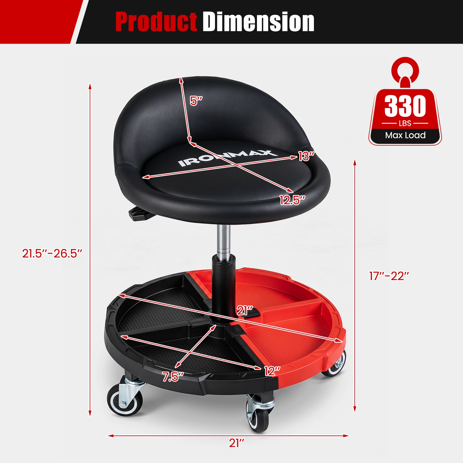 360° Rolling Mechanic Stool w/Tool Storage Tray, Backrest, Lockable Wheels