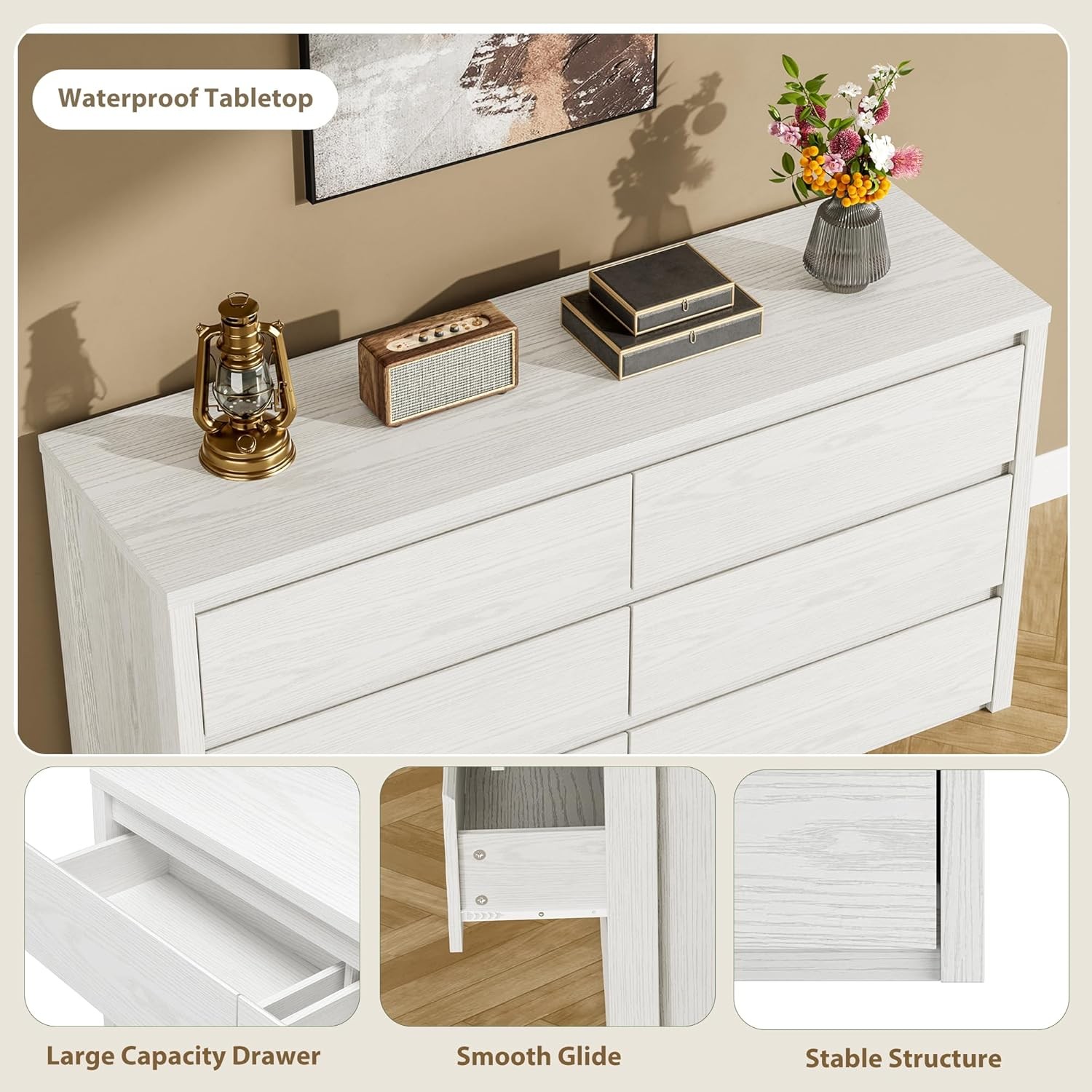 Wooden 6 Drawer Freestanding Dresser,Wide Chest of Drawers for Bedroom Organizer