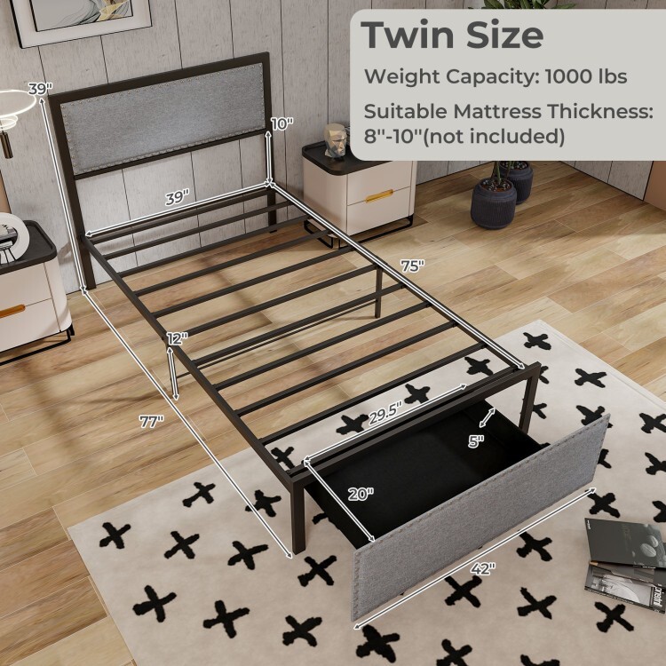 Twin Size Platform Bed Frame Headboard Upholstered w/Rolling Drawer & Metal Slat