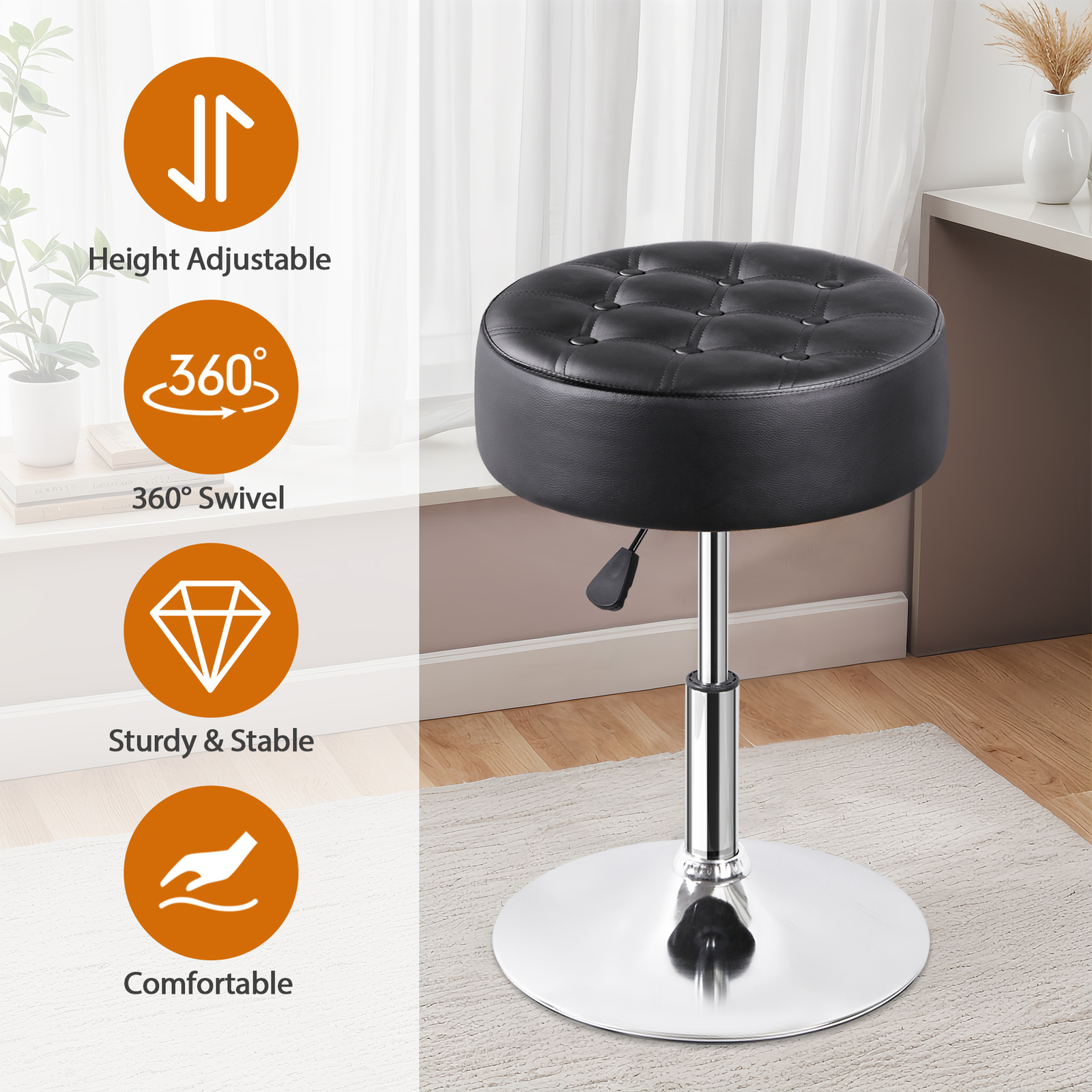 Adjustable Round Ottoman Stool Vanity Stool PU Leather Swivel Makeup Stool Black