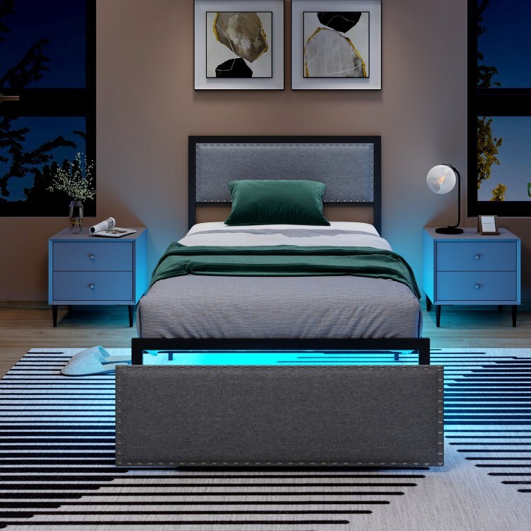 Twin Size Platform Bed Frame Headboard Upholstered w/Rolling Drawer & Metal Slat