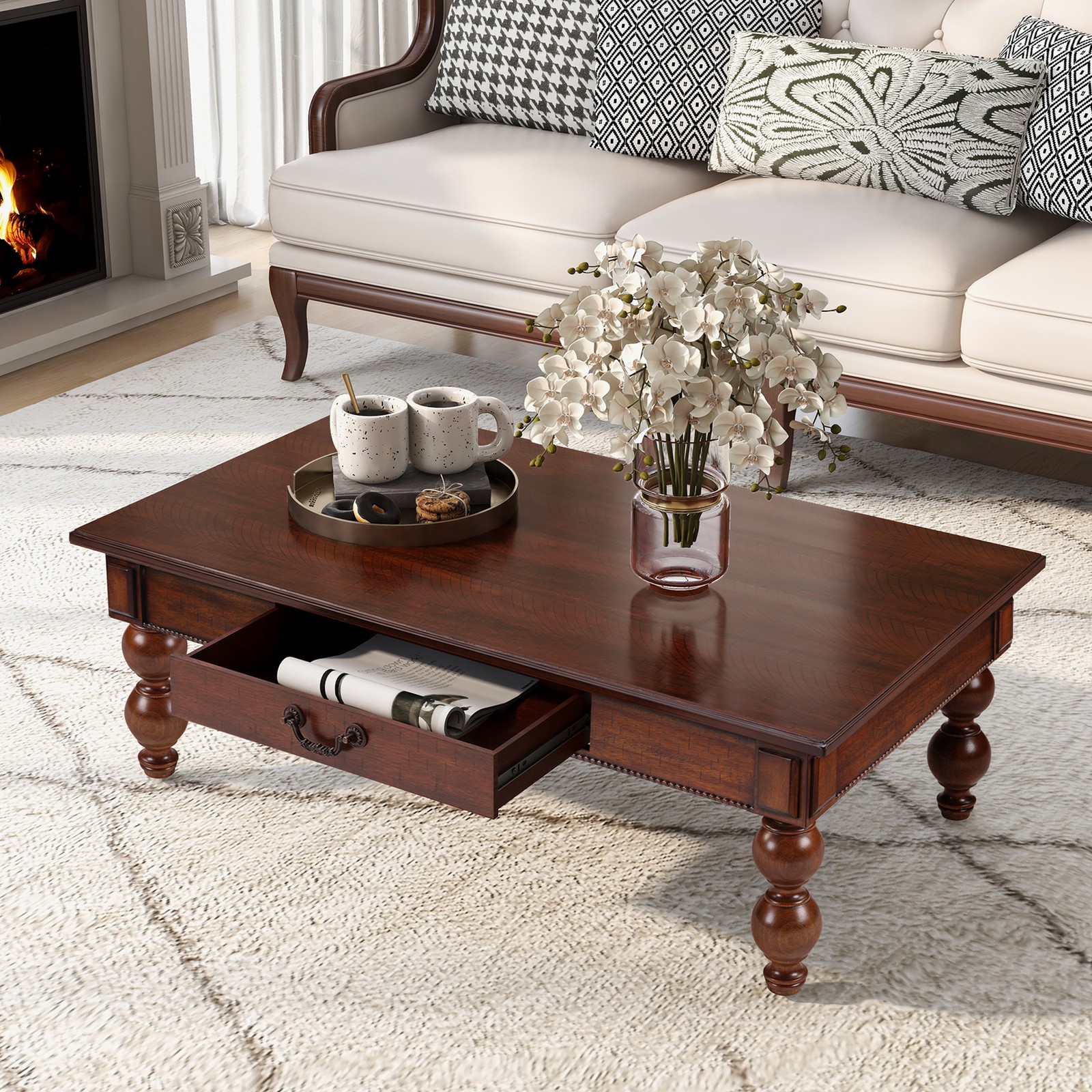 Rectangular Wooden Coffee Table Storage Drawer,Vintage Cocktail Table Walnut