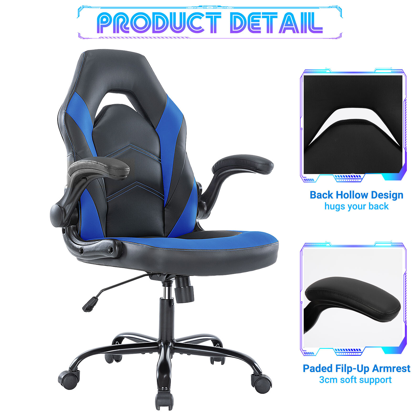 Ergonomic PU Leather Gaming Chair Home Office Swivel Computer Chair Flip-up Arm