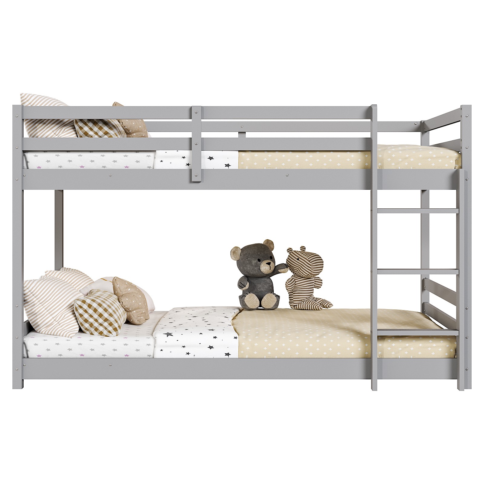 Twin Size Gray Painted Pine Wood Kids Bunk Bed with Guardrails Straight Ladder