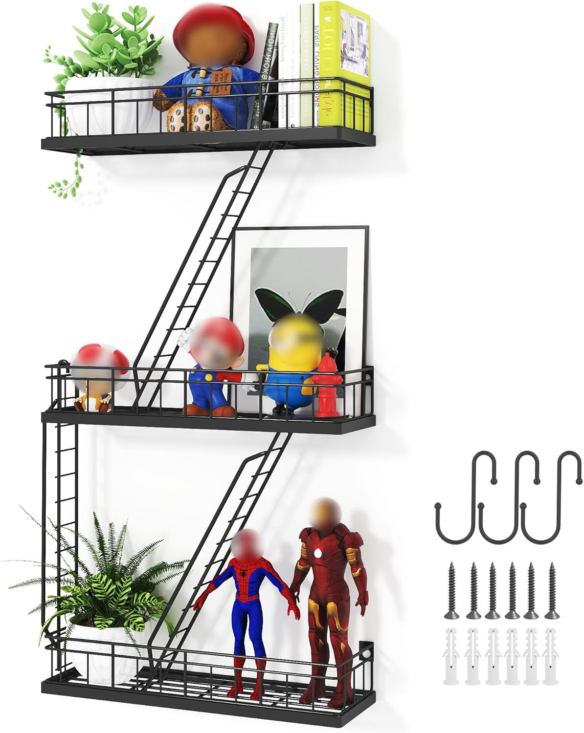 Action Figure Display Fire Escape Wall Shelf 3 Tier Metal Baskets Teens & Kids