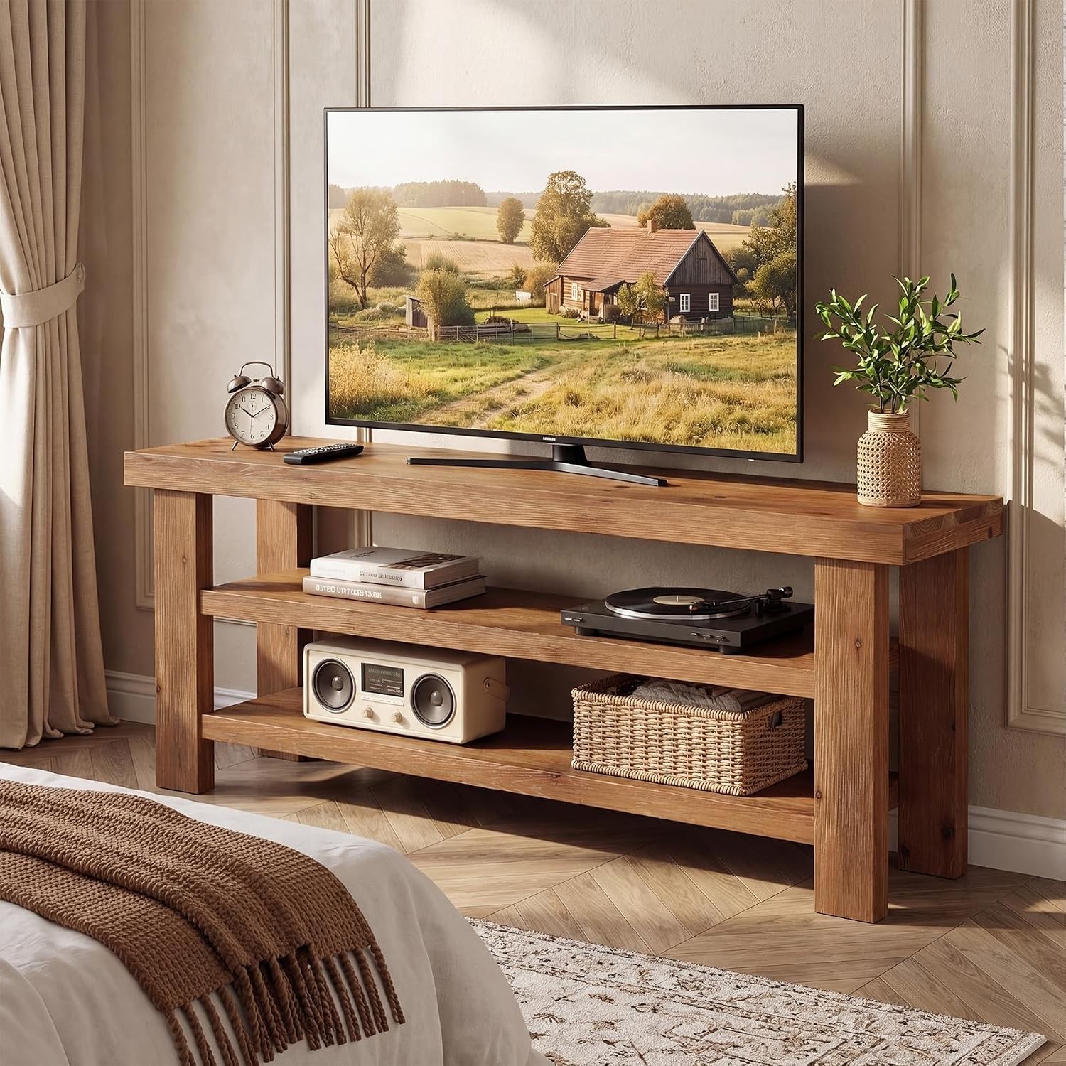 63-Inch Modern Solid Wood TV Stand with Open Storage Shelves for 55-75 Inch TVs