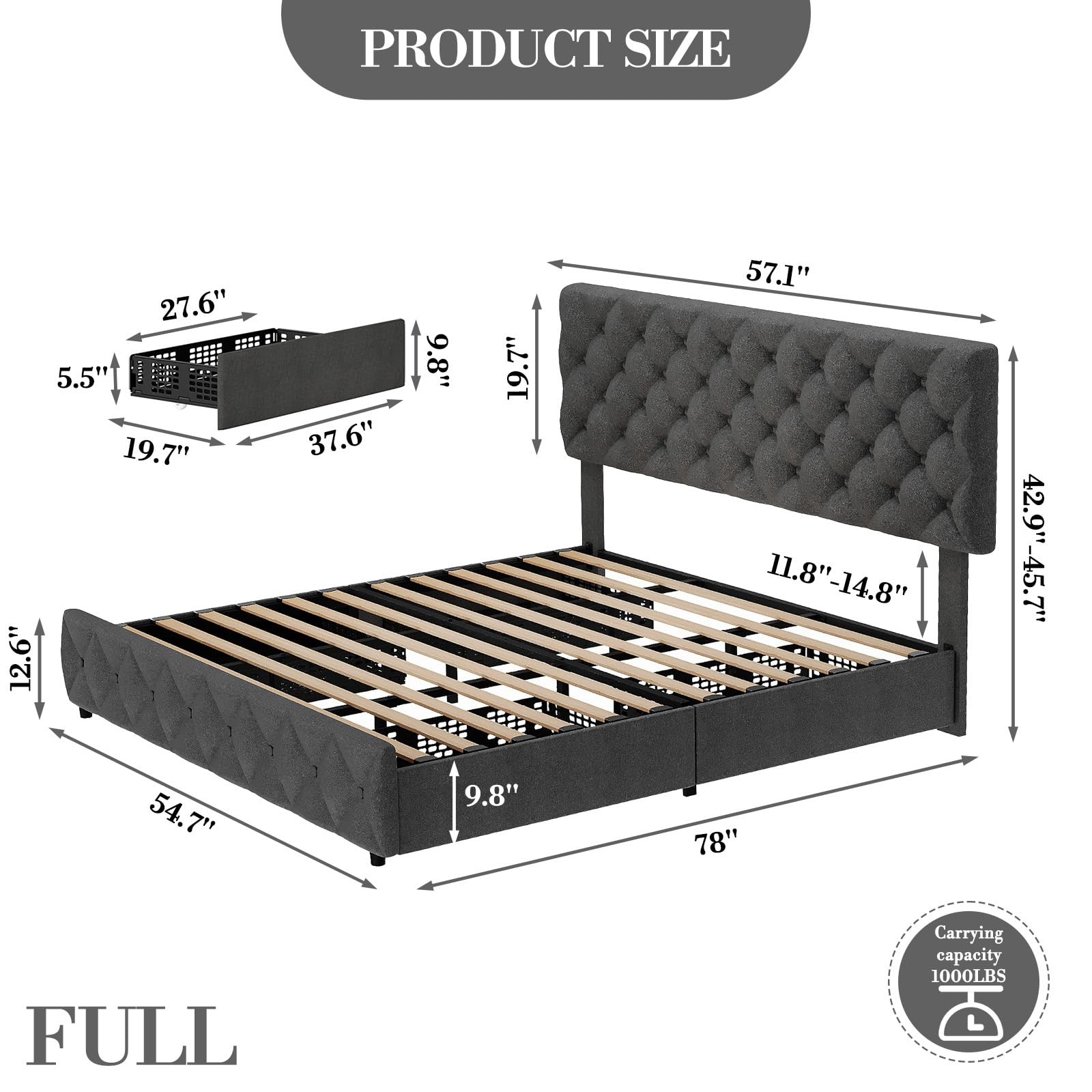 Full Queen King Size Linen Upholstered Platform Bed Frame with 4 Storage Drawers