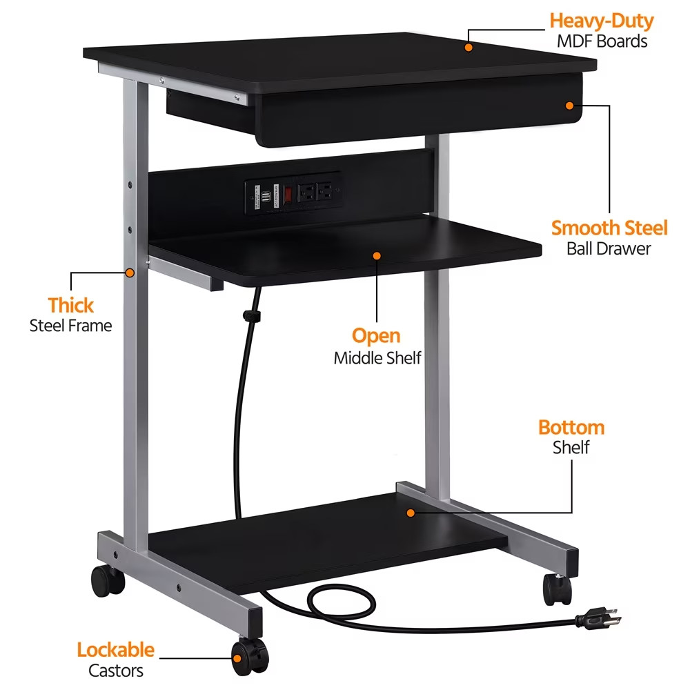 22in Rolling Laptop Computer Table with Power Outlet for Home, Black