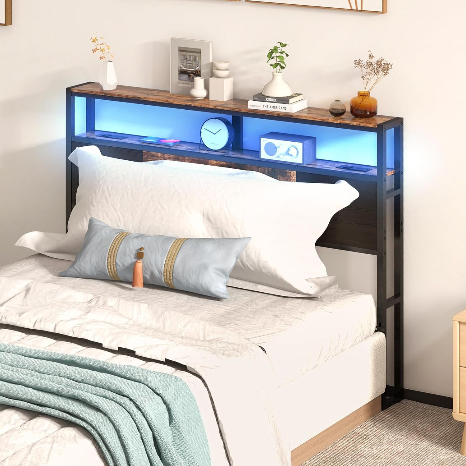 Rustic Brown Full Size Headboard with USB, LED Light & 2-Tier Storage Shelf