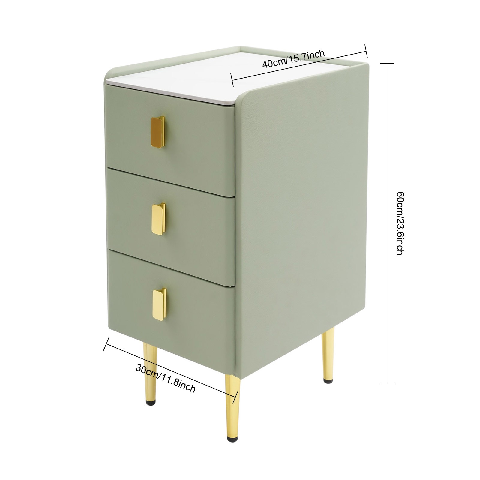 Bedside Table – Narrow 3-Drawer Nightstand, Rock Slab & Leather, Green/Gold