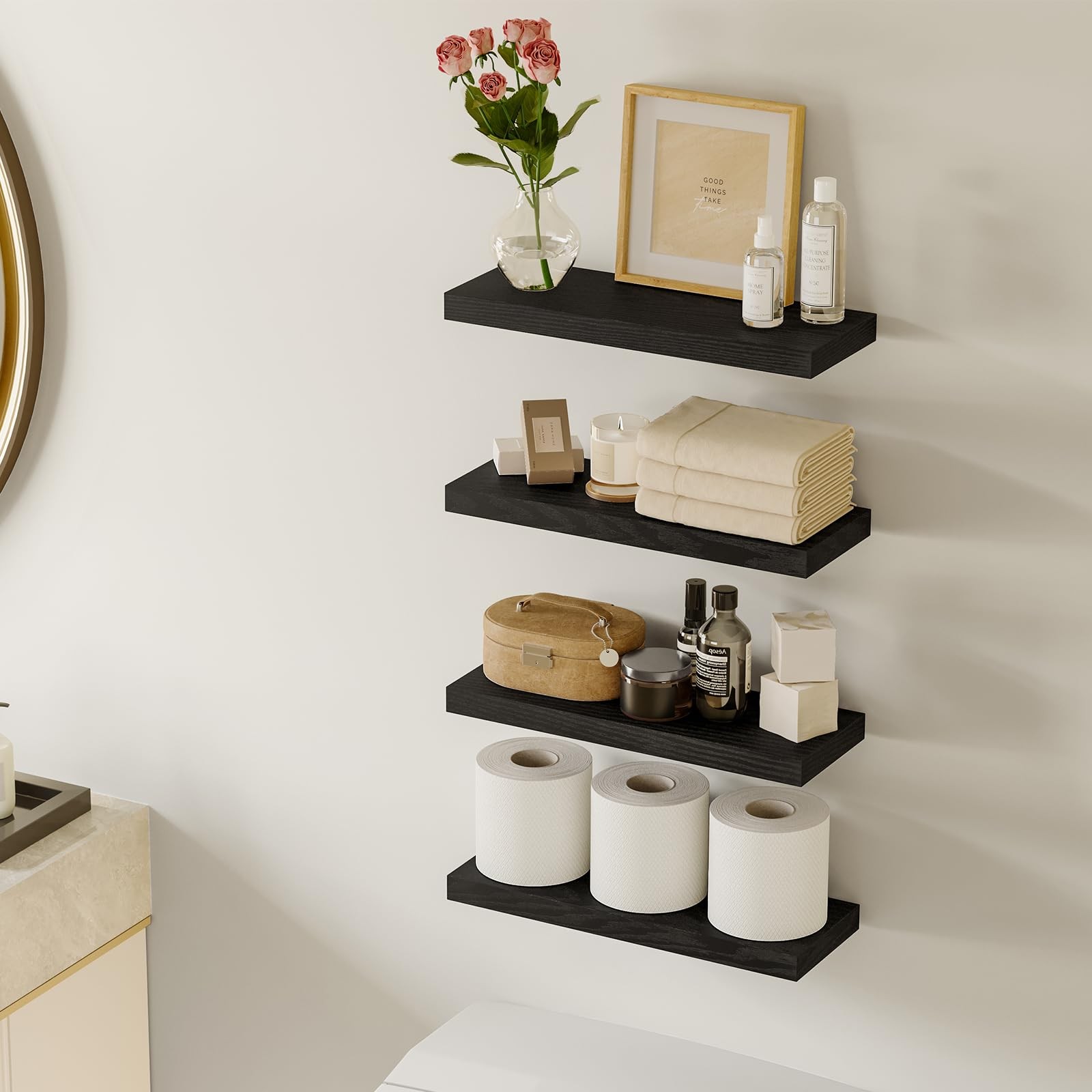 Black Floating Shelves for Wall, Rustic Wood Shelves for Bathroom, Living Roo…