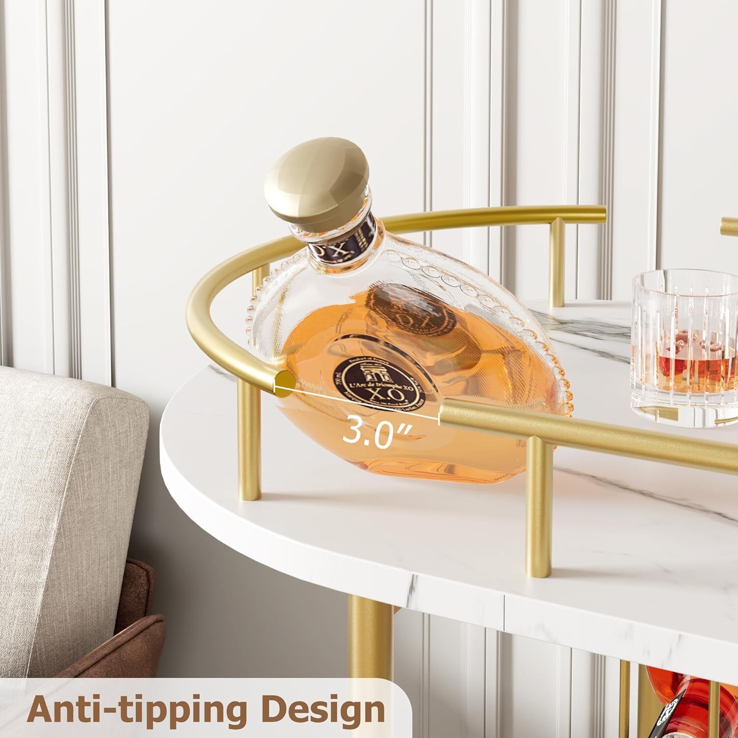 3 Tiers rotate Gold Metal Bar Serving Cart with Wine Rack Glass Holder 360°wheel