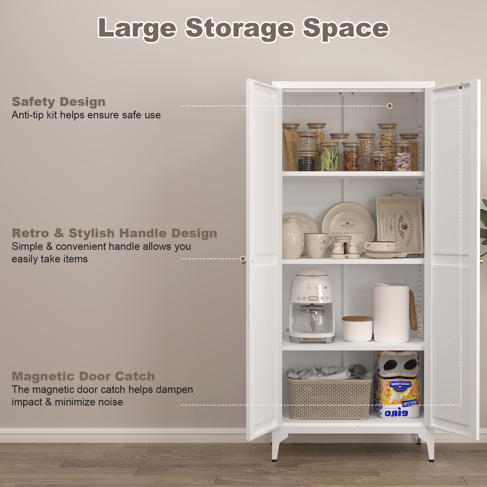 65″ H Metal Storage Cabinet with Doors and Shelves, Kitchen Food Pantry Cabinet