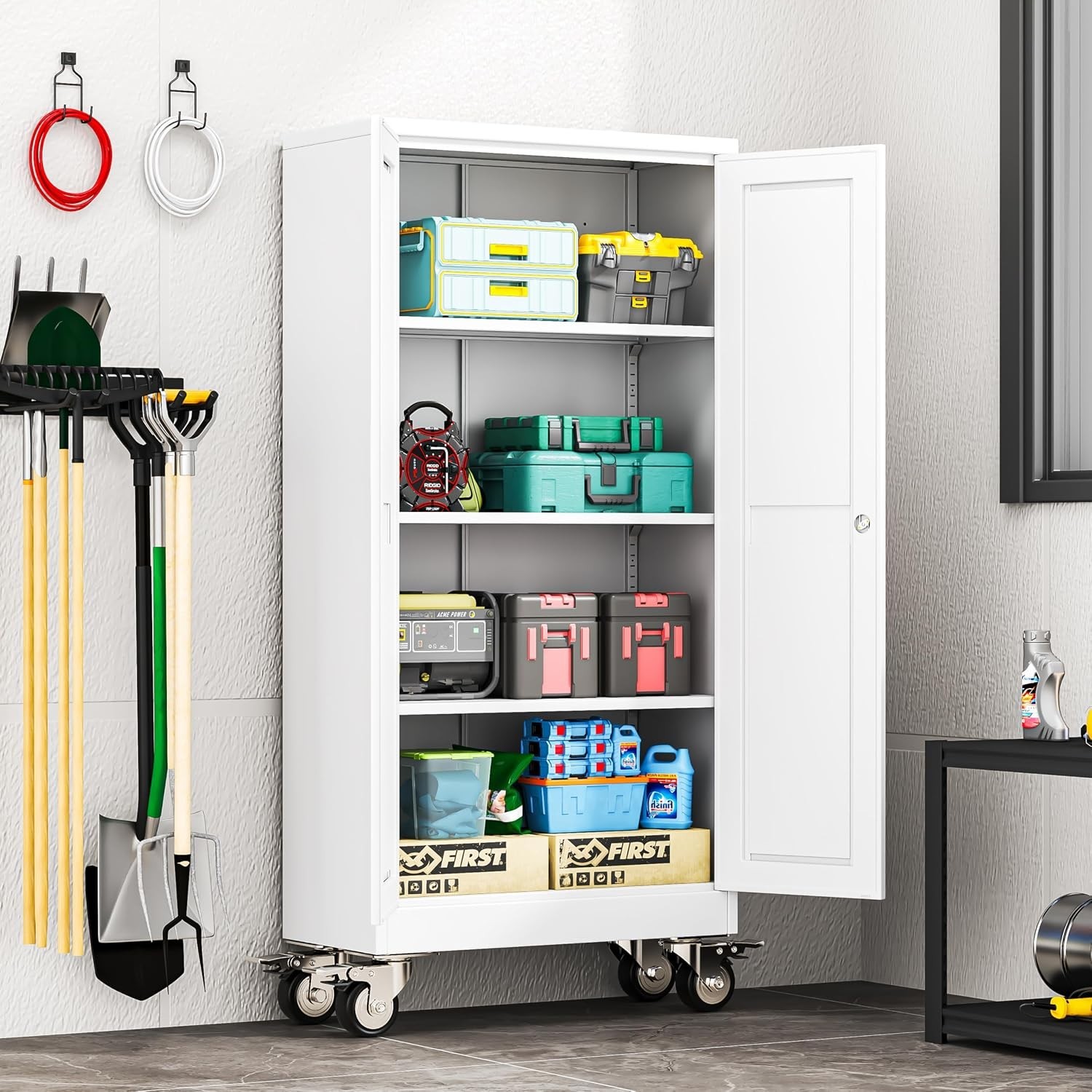 Multi-Functional 61″ H Steel Storage Cabinet with Wheels & Customizable Layout