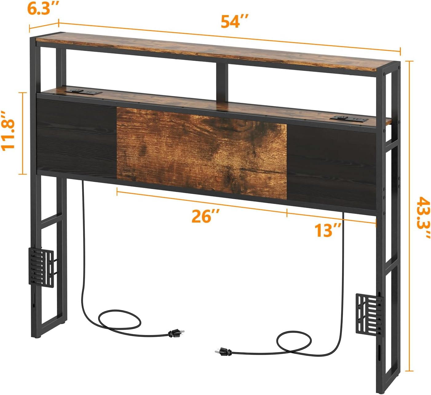 Rustic Brown Full Size Headboard with USB, LED Light & 2-Tier Storage Shelf