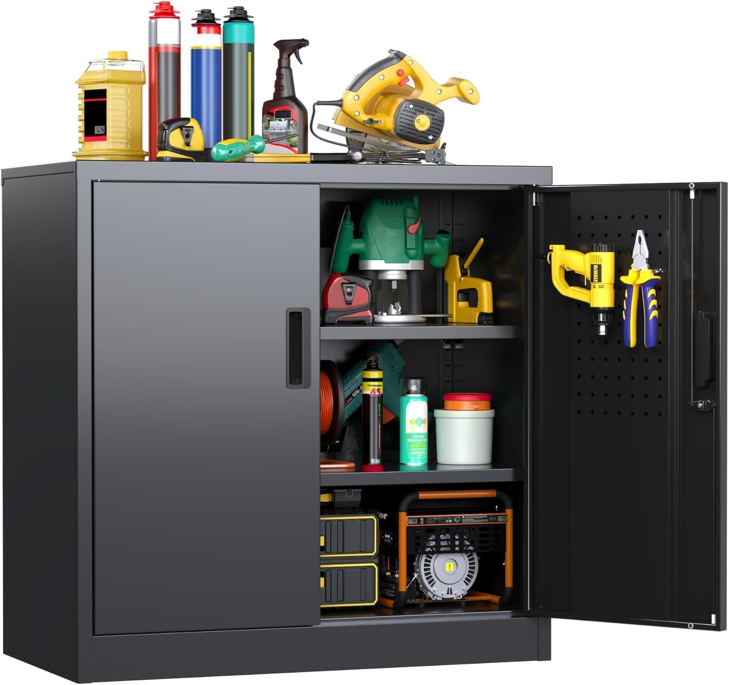 Metal Storage Cabinet with 2 Lockable Doors and 2 Adjustable Shelves, Locking Ga