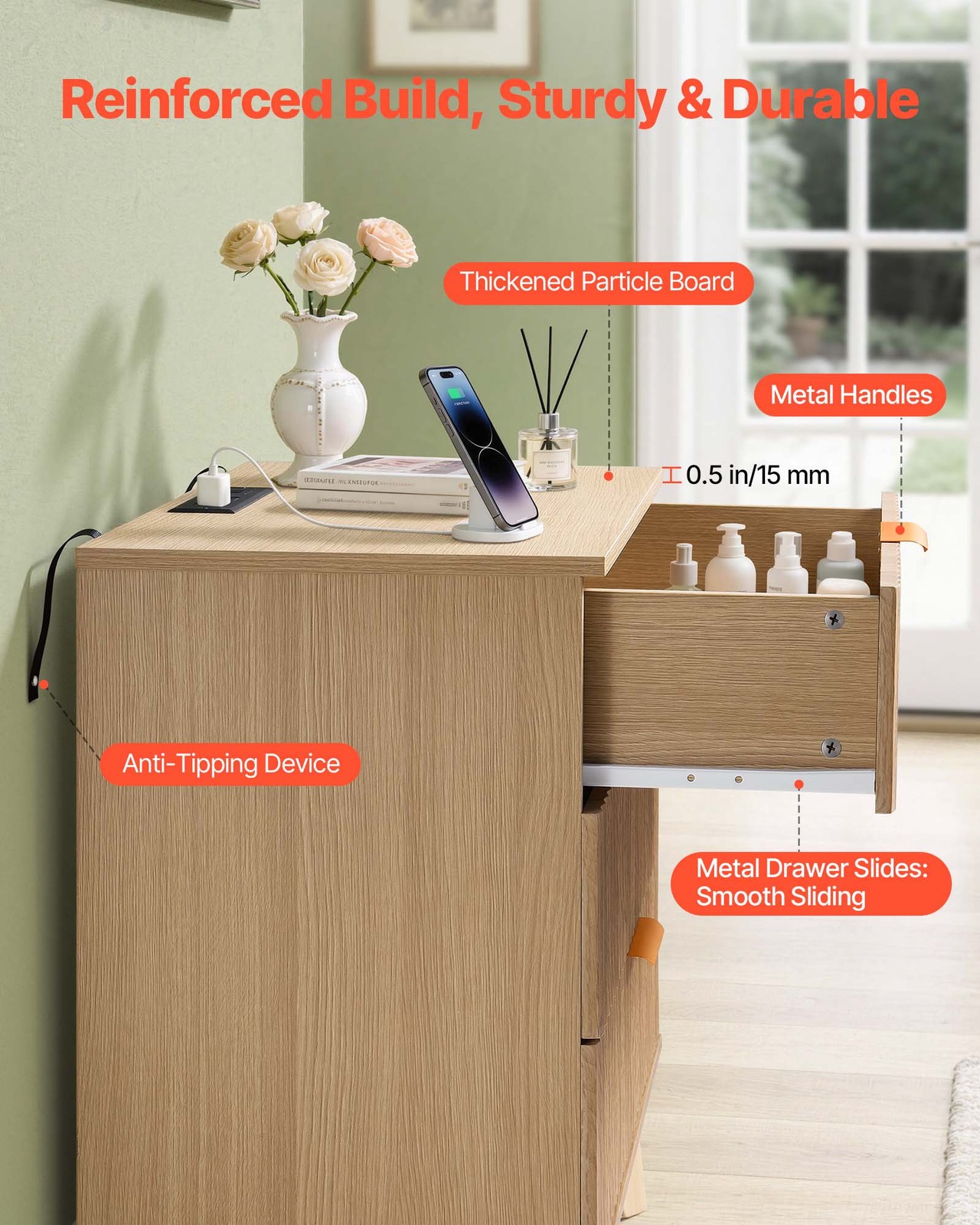 VEVOR Fluted/Farmhouse Nightstands with Charging Station Dresser Bedroom 1/2 Set