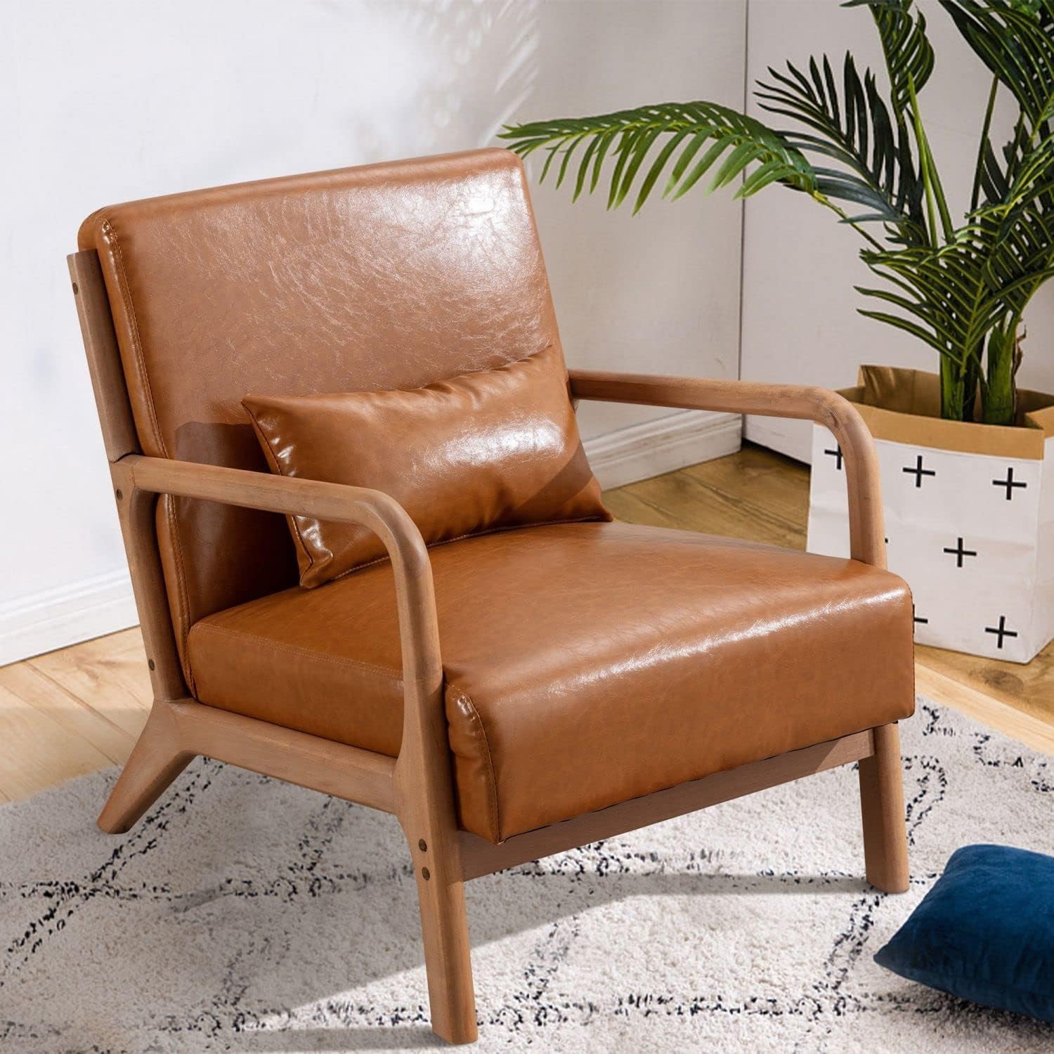 EBELLO Accent Chair w/ Wood Frame,PU Leather Reading Armchair with Waist Cushion