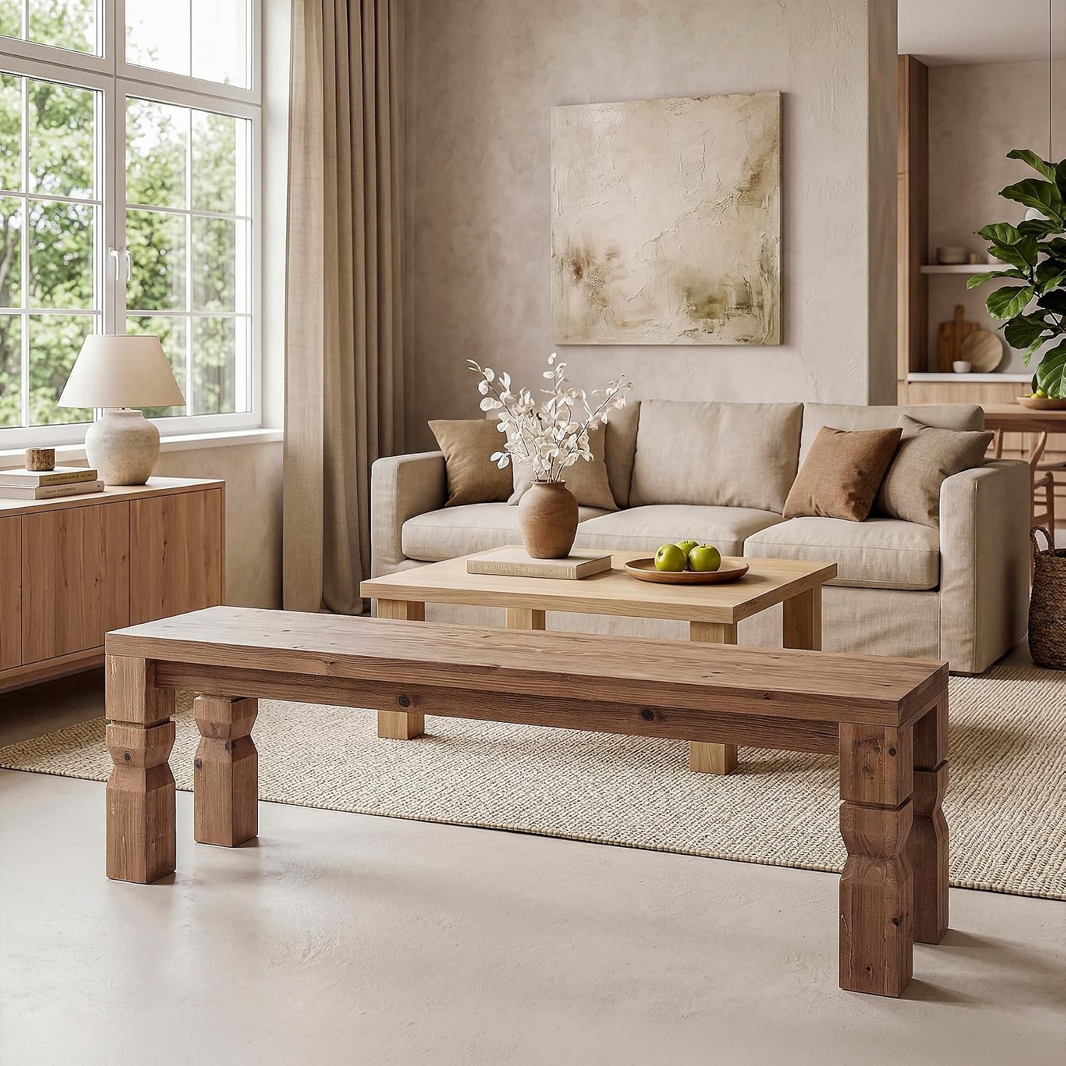 Indoor Solid Wood Bench 55-Inch Long Farmhouse Wooden Bench Seat for Entryway