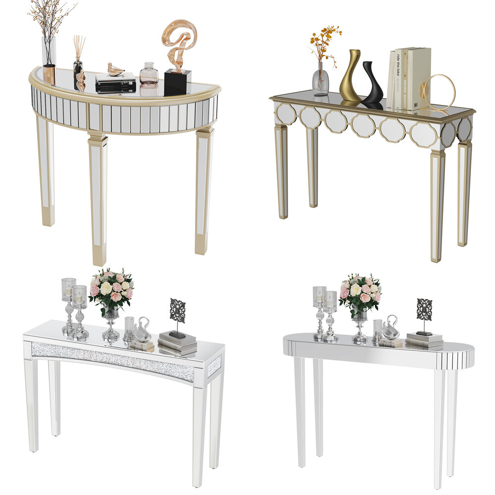 Silver Mirrored Console Table Modern Glass Entryway Table Geometric Side Table
