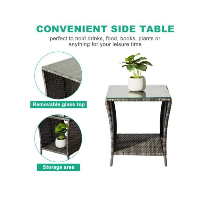 18in Wicker Side Table with Tempered Glass Top, Storage Rattan End Table – Gray