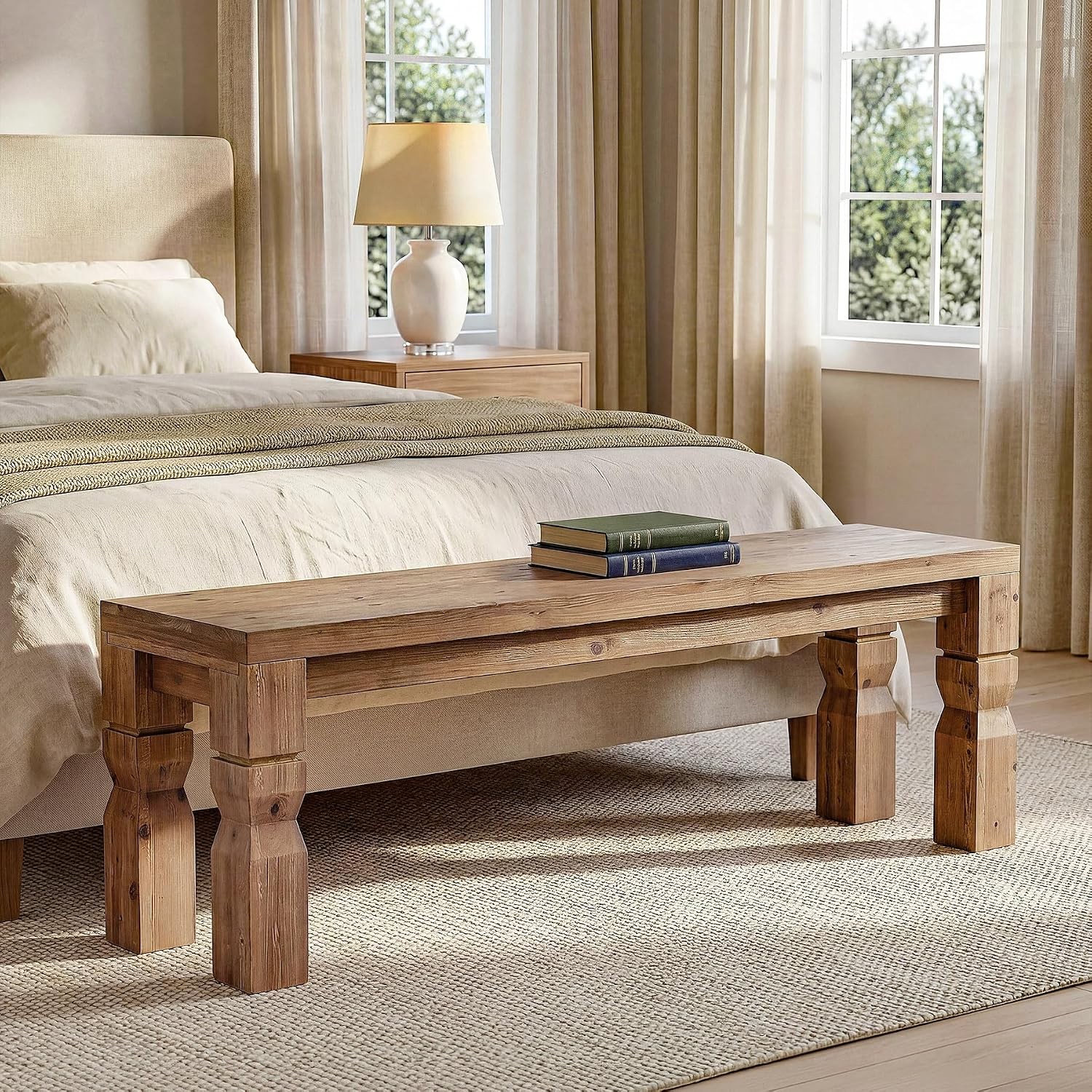 Indoor Solid Wood Bench 55-Inch Long Farmhouse Wooden Bench Seat for Entryway