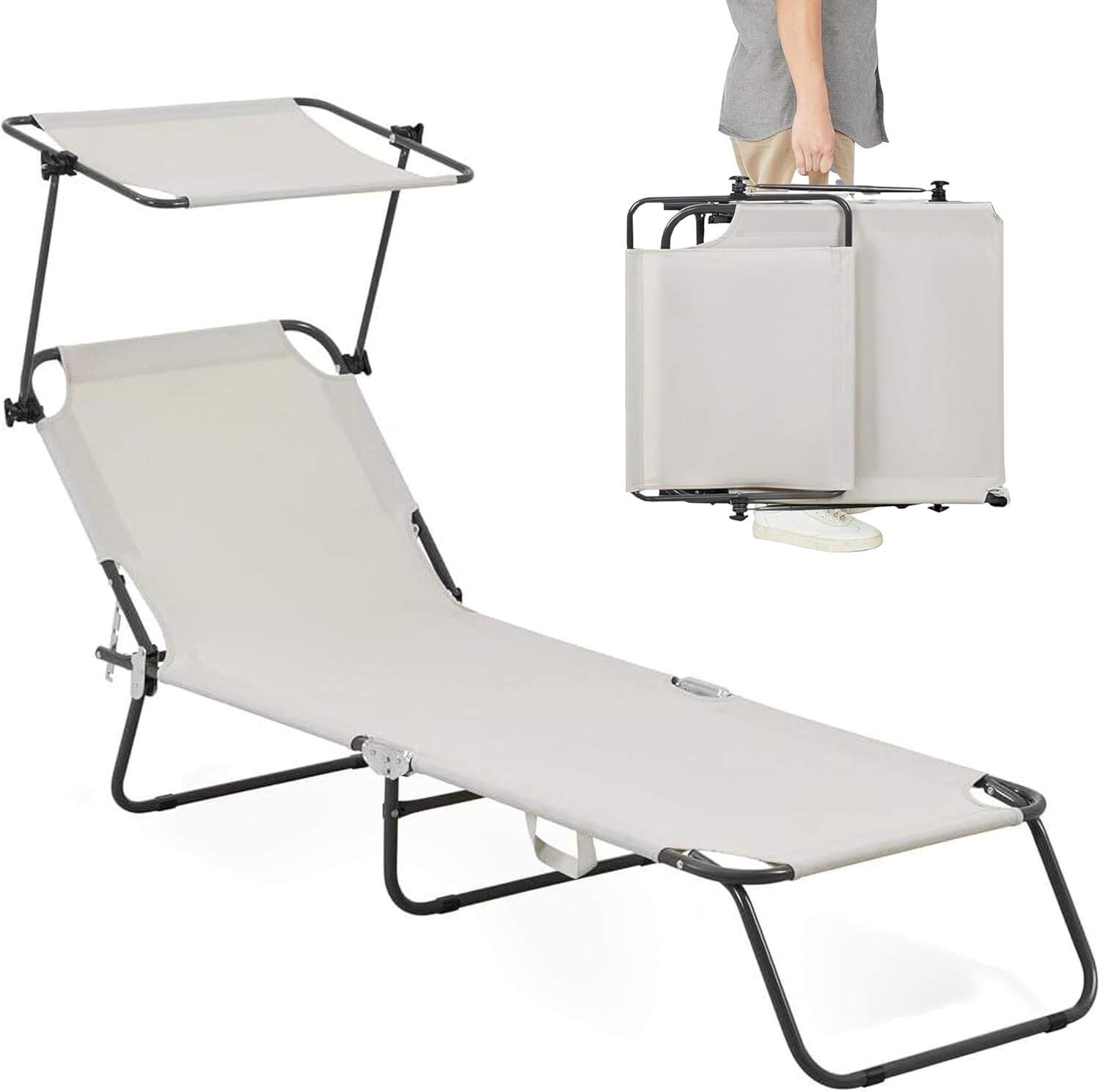 Comfysure Folding Outdoor Lounge Chair with Canopy cream