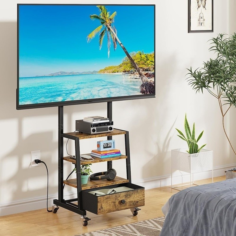 Mobile TV Stand Adjustable Height Entertainment Center W/ Storage Drawer New