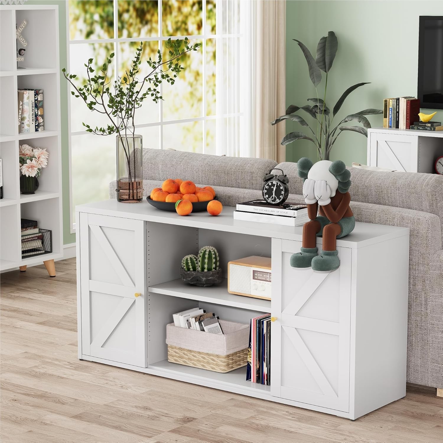 Cofar Modern Metal TV Stand With Barn Doors and Shelves for Living Room, Bedroom
