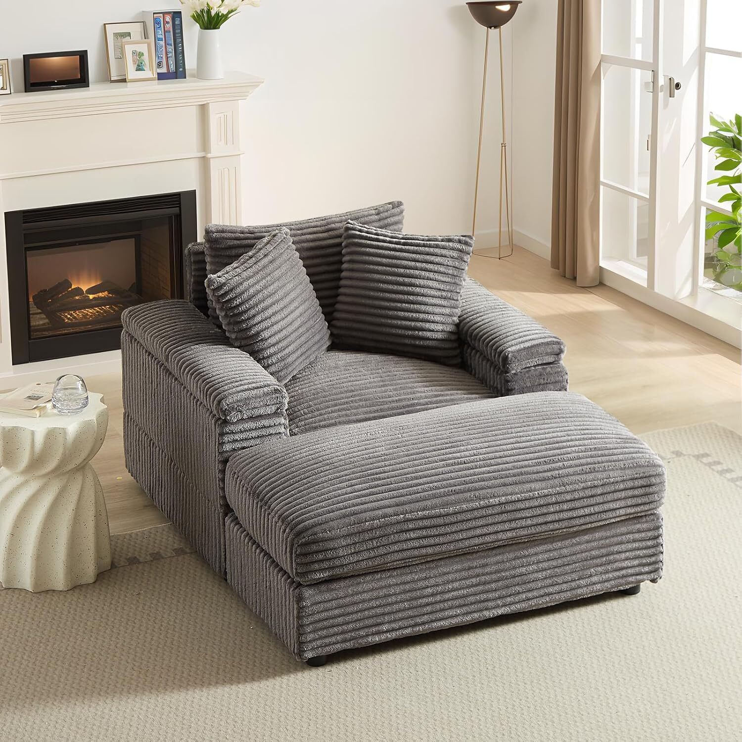 Oversized Deep Seat Chaise Longue Chair Corduroy Sectional Couch with Ottoman