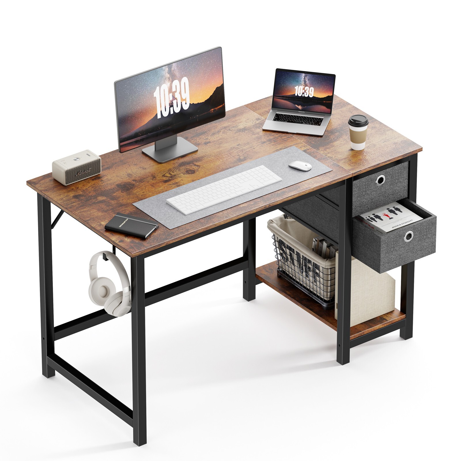 Home Office Computer Desk with 2 Storage Drawers, Hooks, PC Stand – 40″/47″ Size