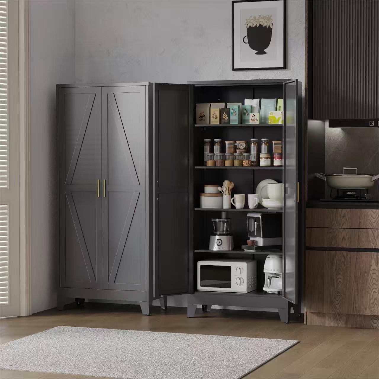 Elegro 71″Farmhouse Metal Storage Cabinet With Barn Doors and Shelves For Office