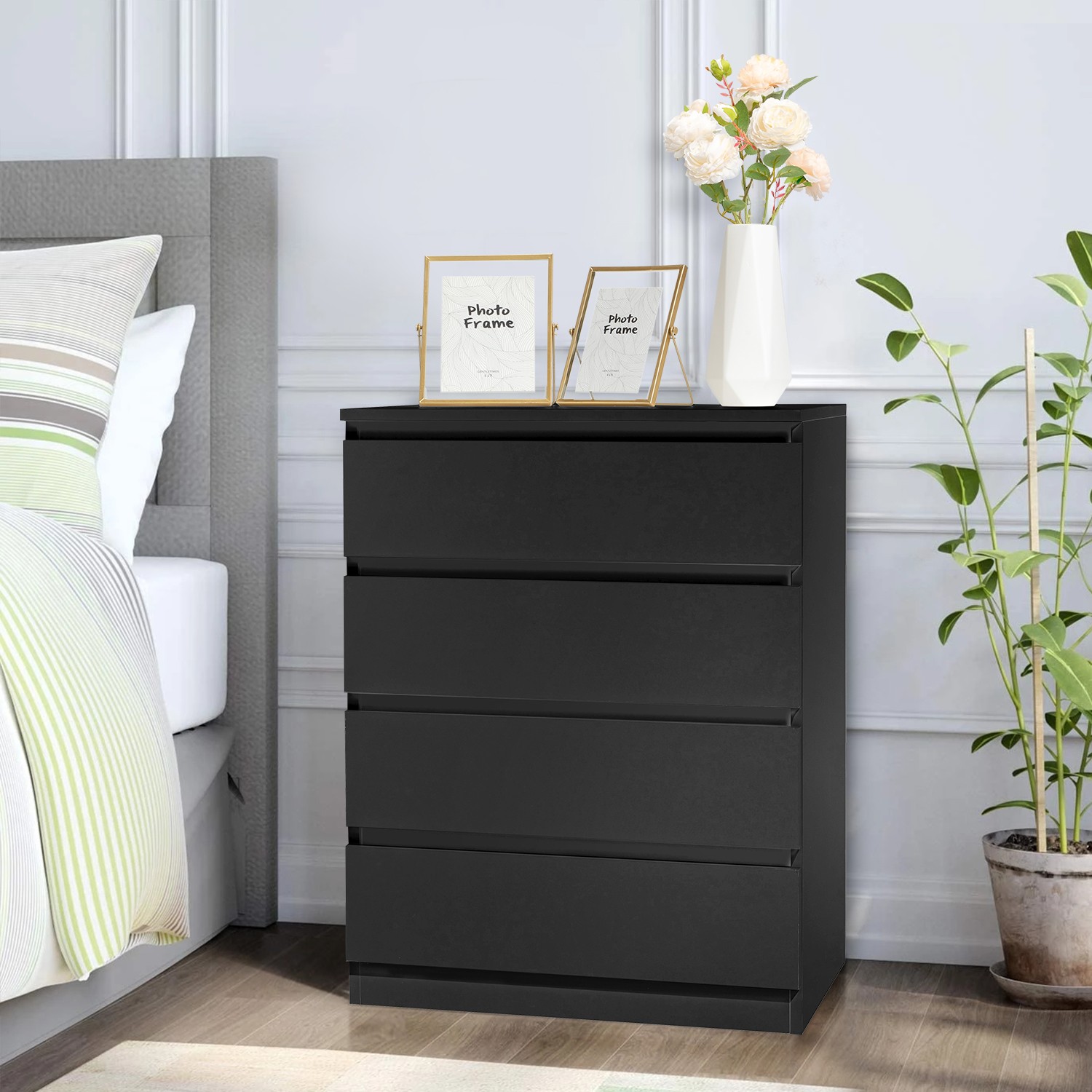 Modern Black Wood 4 Drawer Dresser Storage Chest Organizer for Bedroom Closet