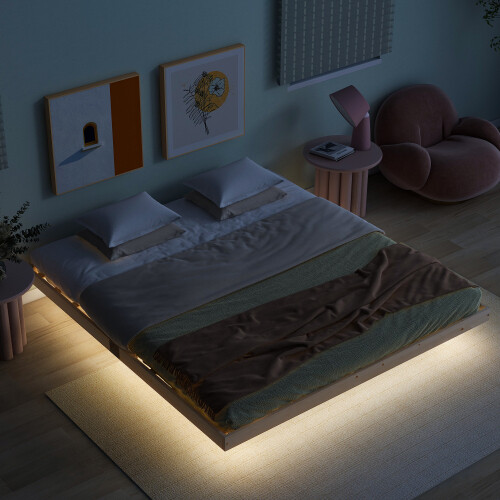 Full Queen King Floating Bed Frames with LED Lights No Headboard Kids Bed Frames