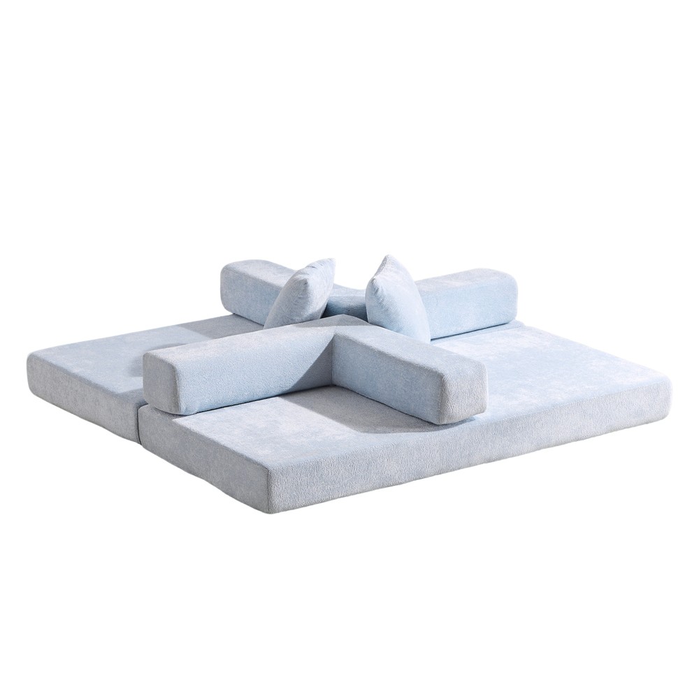 76″ Convertible Floor Sofa Bed, Light Blue Chenille, Pillow Back Armrest