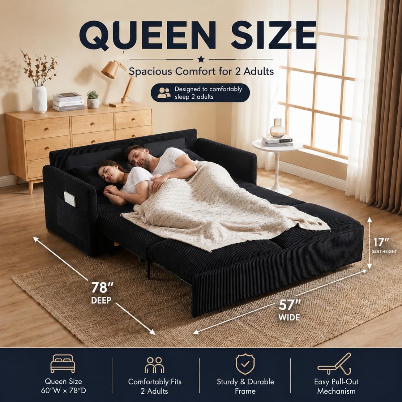 65″ 3-in-1 Corduroy Queen Size Convertible Sleeper Sofa Bed Pull Out Loveseat